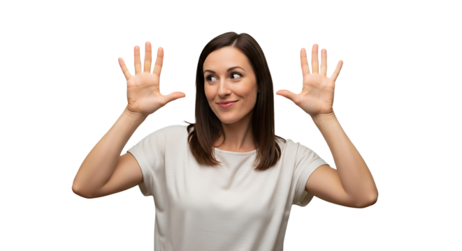 Smiling woman holding up ten fingers on transparent background, demonstrating counting, education, and communication with a cheerful expression