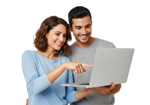 Happy couples using laptop isolated on white or transparent background