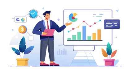 Business professional presenting financial growth data and charts