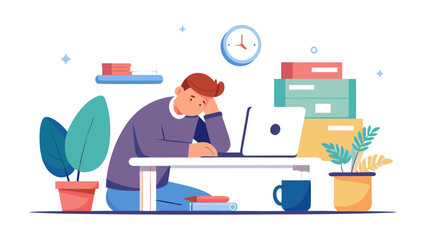 Overwhelmed person working on laptop at desk