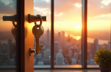 Golden key hangs on open door handle. Modern penthouse apartment offers city skyline view at sunset. Real estate ownership concept, new beginning symbol.