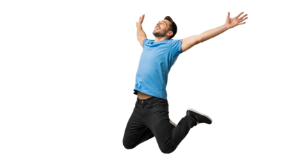 Excited man jumping with arms raised isolated on transparent background, expressing happiness and freedom with a dynamic pose and energetic movement