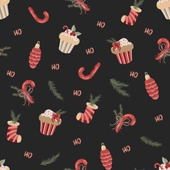 Dark Christmas Seamless Pattern with Holiday Sweets, Ornaments, Stockings and Winter Greenery