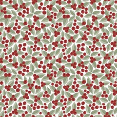 Christmas Seamless Pattern with Holly Berries and Winter Foliage on Light Background