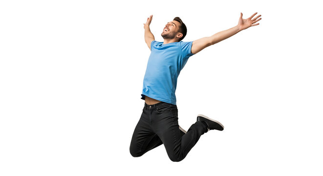 Excited man jumping with arms raised isolated on transparent background, expressing happiness and freedom with a dynamic pose and energetic movement - Powered by Adobe
