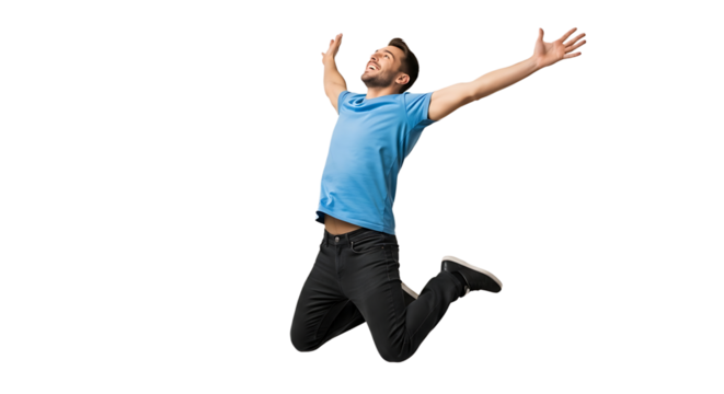 Excited man jumping with arms raised isolated on transparent background, expressing happiness and freedom with a dynamic pose and energetic movement