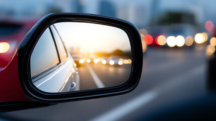 A close-up view of a car's side mirror reflecting traffic, capturing the essence of a busy urban commute during sunset.
