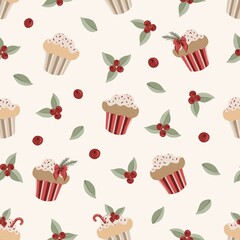 Christmas Cupcakes and Holly Berries Seamless Pattern on Light Background