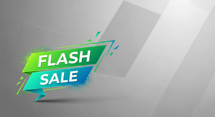 Geometric display with "Flash Sale" text in green and blue, with sharp edges, on a gray backdrop, symbolizing a promotional event, special offer, discount