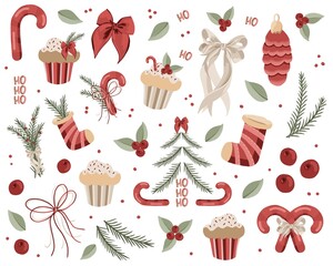 Holiday Clipart Set with Candy Canes, Bows, Hearts, Cupcakes and Festive Elements for Christmas and Valentine’s Day