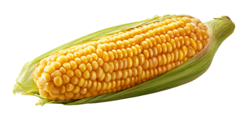 Fresh yellow corn cob with green leaves isolated on transparent background