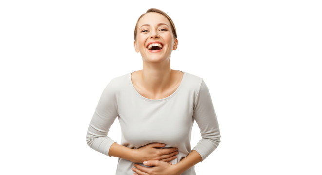 A happy woman with blonde hair is laughing heartily with her hands on her stomach isolated on transparent background she is wearing a grey shirt