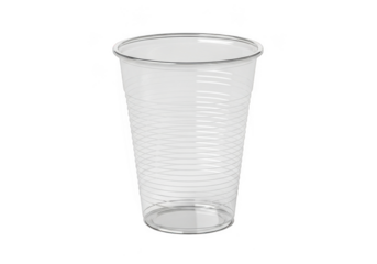 A clear, disposable plastic cup with ribbed sides, isolated on a transparent background, perfect for beverages and events