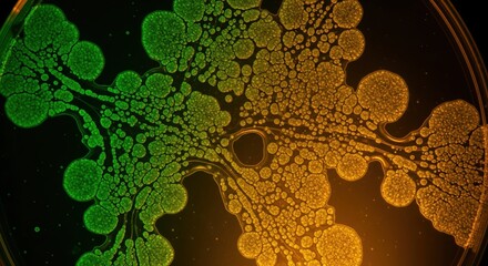 Abstract Microorganisms Growth in Petri Dish with Vibrant Green and Orange Colors