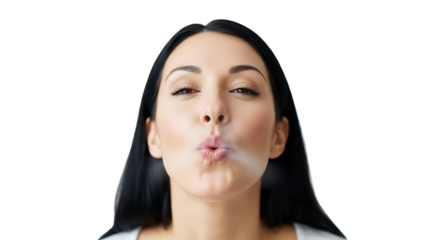 Beautiful woman blowing smoke isolated on transparent background, with her eyes closed and her lips pursed, expressing relaxation and pleasure