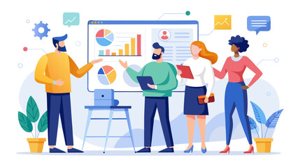 Diverse team collaborating on data analysis and presentation