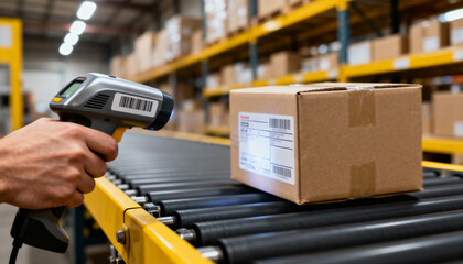 Warehouse worker scanning a package on a conveyor belt with a handheld barcode reader, focusing on logistics and inventory management tasks.