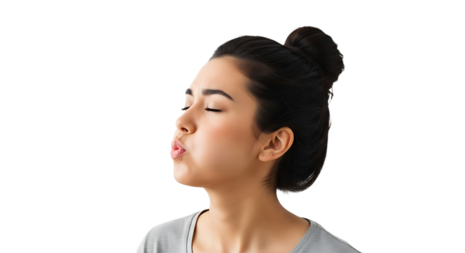 Young woman blowing a kiss isolated on transparent background, with her eyes closed and her lips pursed, expressing love and affection