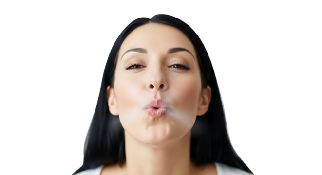 Beautiful woman blowing smoke isolated on transparent background, with her eyes closed and her lips pursed, expressing relaxation and pleasure