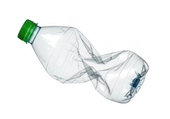 A crumpled plastic water bottle with a green cap, isolated on a transparent background, representing waste and recycling
