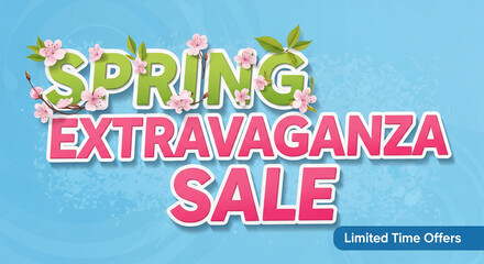 Text with a spring theme: Spring Extravaganza Sale with flowers. Representative of seasonal promotion, discount opportunity, and retail event
