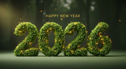 New year 2026 celebration with green foliage numbers and bokeh background