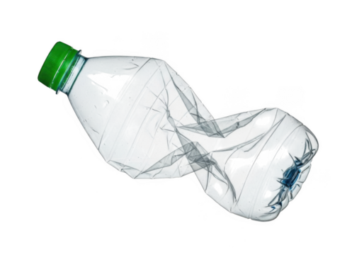 A crumpled plastic water bottle with a green cap, isolated on a transparent background, representing waste and recycling