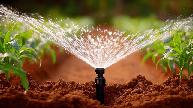 A close-up view of a garden sprinkler watering lush green plants, showcasing the importance of irrigation in agriculture. - Powered by Adobe