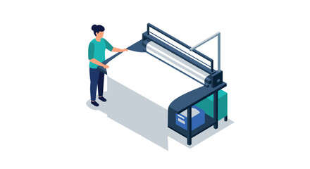 Person operating large format printer in minimalist isometric design