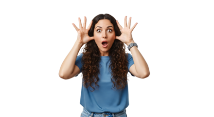 A surprised woman with hands framing her face, isolated on transparent background, shows astonishment and excitement with a wideeyed expression