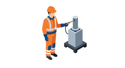 Isometric worker operating machine in safety gear