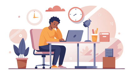 Man working at desk with laptop and clock