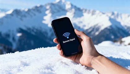 A hand holds a smartphone displaying a "Remote Signal" icon against a backdrop of snowy mountains.