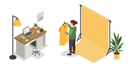 Isometric home office fashion studio with desk and backdrop