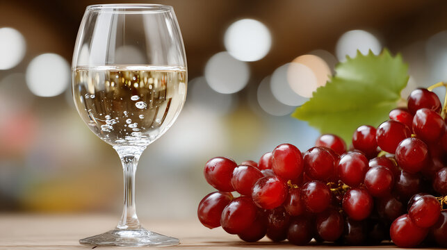 A close-up view of a glass of white wine paired with fresh red grapes, highlighting the beauty of wine culture and enjoyment.