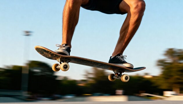 Close-up, low-angle shot of a skateboarder mid-air performing a trick at a skatepark during golden hour.