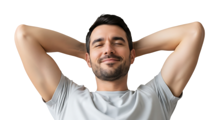 Happy man relaxing with hands behind head isolated on transparent background smiling man with closed eyes enjoying rest and carefree time