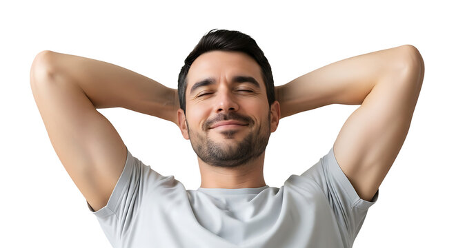 Happy man relaxing with hands behind head isolated on transparent background smiling man with closed eyes enjoying rest and carefree time