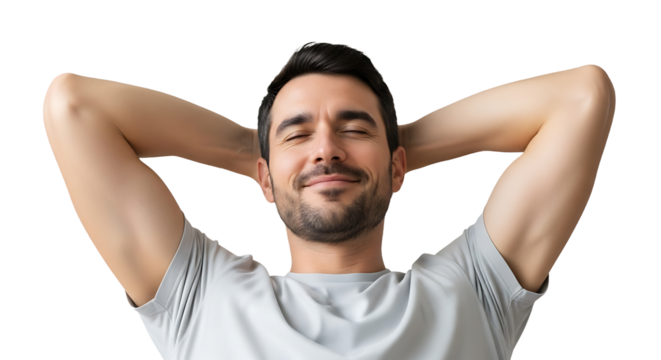 Happy man relaxing with hands behind head isolated on transparent background smiling man with closed eyes enjoying rest and carefree time