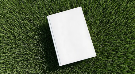 Top view of a blank white book with an empty cover for text or design, lying on vibrant green grass, perfect for naturethemed mockups