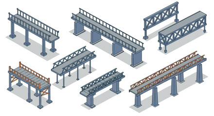 Naklejka premium Isometric bridge designs collection with columns and railings