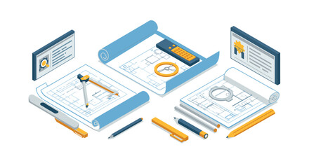 Isometric architectural drafting tools and blueprints for design projects