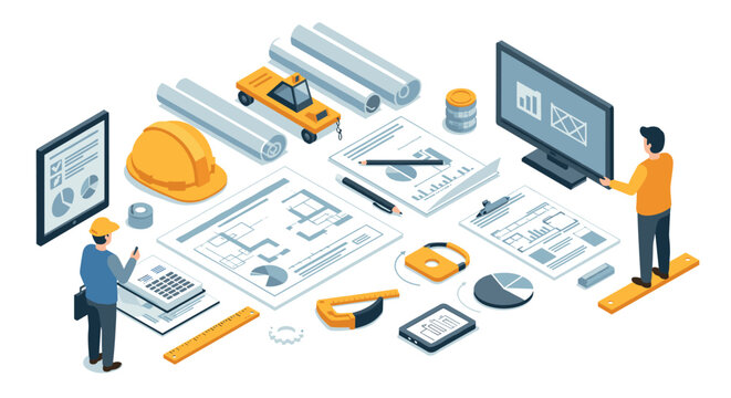 Construction project management isometric design with engineers and architectural plans