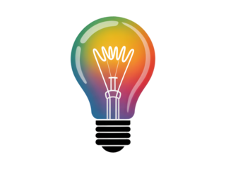 a colorful glowing idea bulb lamp, isolated design element visualization of brainstorming, bright idea and creative thinking Isolated on white and transparent background