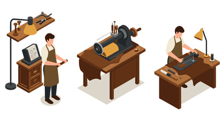 Isometric workshop scene with craftsmen and leatherworking tools