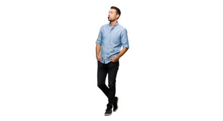 A young man in a casual outfit is whistling while standing with his hands in his pockets isolated on transparent background
