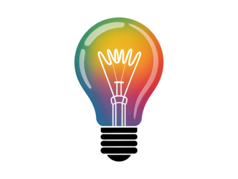 a colorful glowing idea bulb lamp, isolated design element visualization of brainstorming, bright idea and creative thinking Isolated on white and transparent background