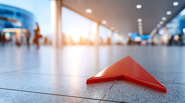 A close-up view of a red arrow on a smooth floor, guiding travelers in a bustling urban environment, evoking a sense of movement.