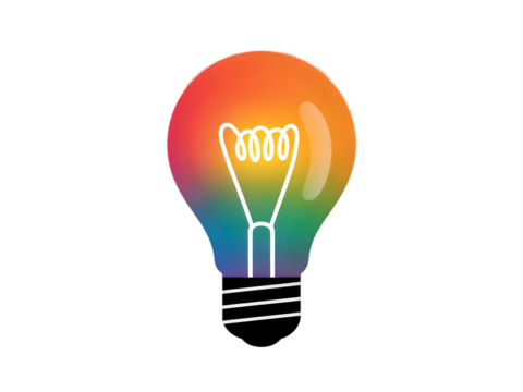 a colorful glowing idea bulb lamp, isolated design element visualization of brainstorming, bright idea and creative thinking Isolated on white and transparent background - Powered by Adobe