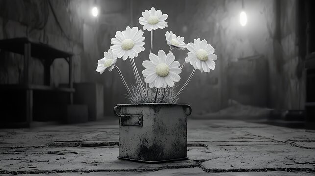 Fototapeta White Flowers in Rustic Pot, Dimly Lit Alleyway